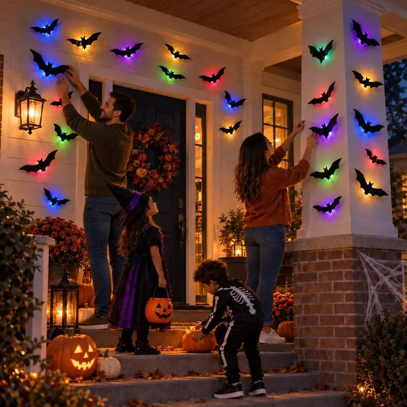 Halloween 3D LED Bat Lights 12-Piece Set – Spooky Bendable Wall Stickers