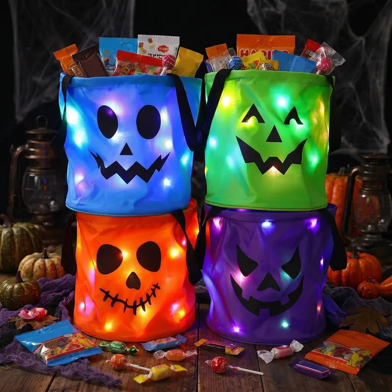 Halloween LED Candy Bucket & Reusable Pumpkin Tote Bags Non-Woven Trick or Treat Bags
