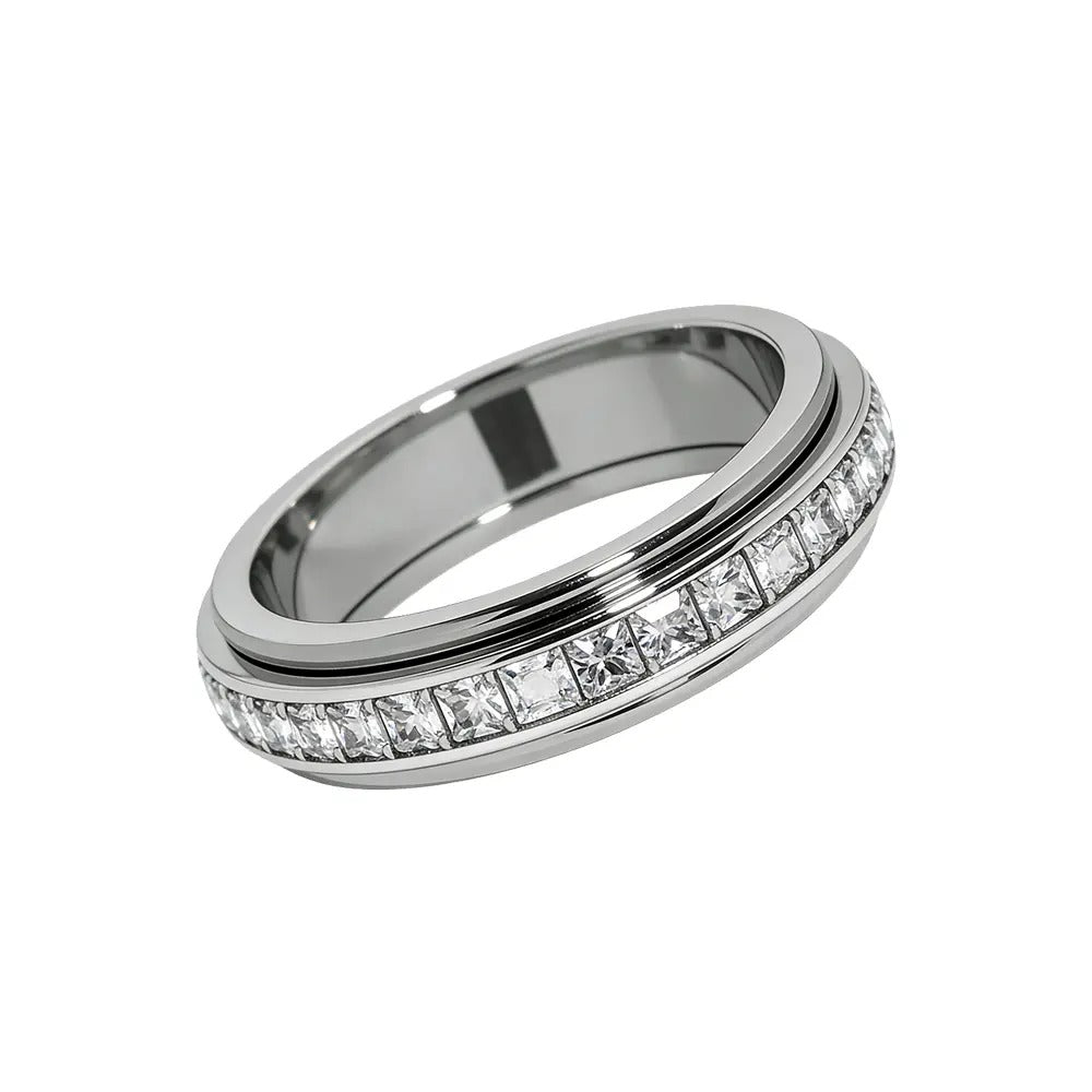 Titanium Steel Spinner Fidget Ring With Cubic Zirconia For Stress Relief & Wedding Promise Comfort Fit Size 5 To 12