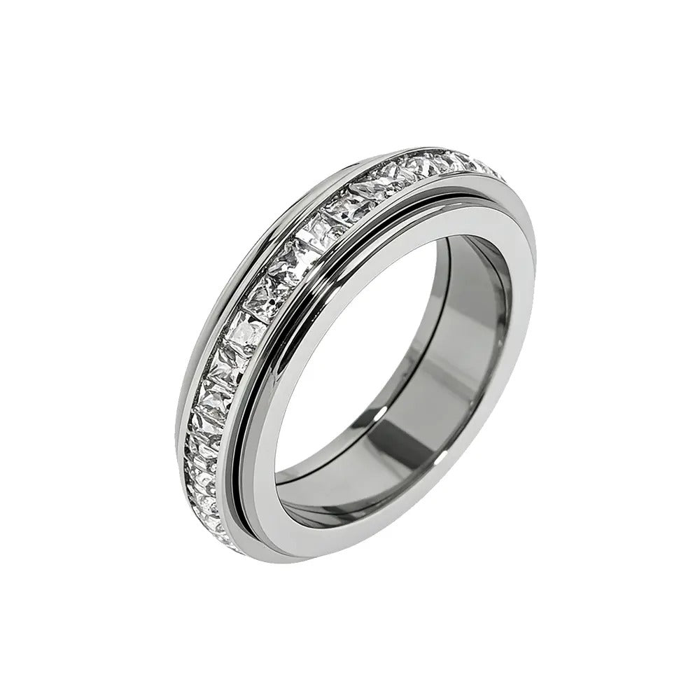 Titanium Steel Spinner Fidget Ring With Cubic Zirconia For Stress Relief & Wedding Promise Comfort Fit Size 5 To 12