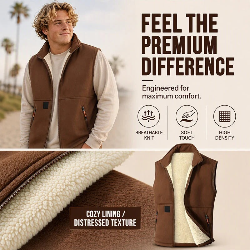 Unisex Winter Plush-Lined Warm Vest Sleeveless Full Zip Zippered Pockets