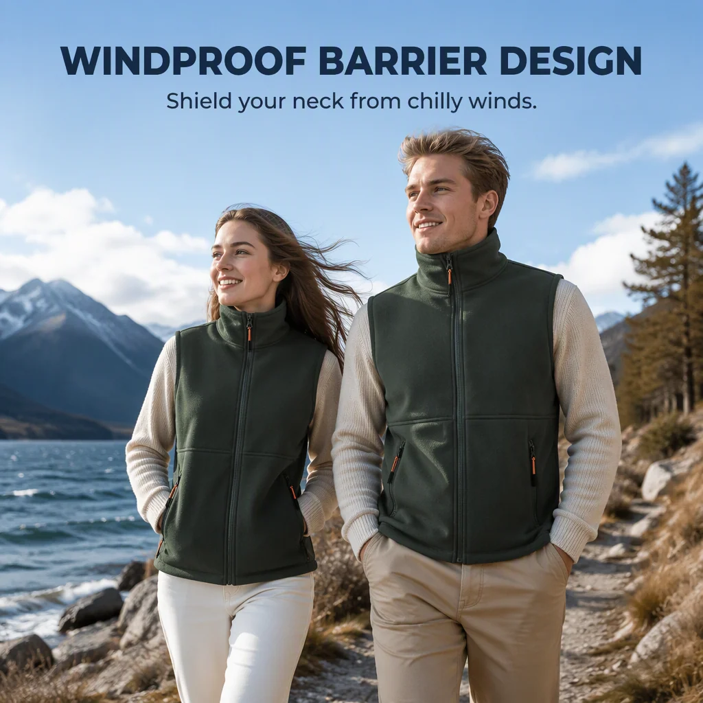 Unisex Winter Plush-Lined Warm Vest Sleeveless Full Zip Zippered Pockets
