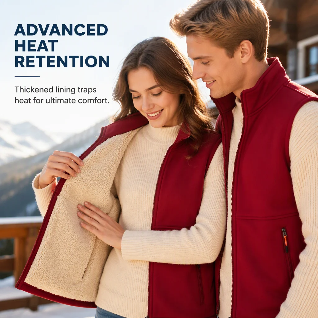 Unisex Winter Plush-Lined Warm Vest Sleeveless Full Zip Zippered Pockets