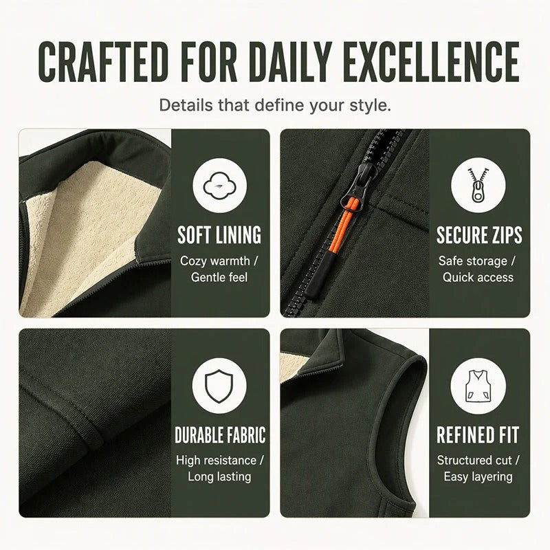 Unisex Winter Plush-Lined Warm Vest Sleeveless Full Zip Zippered Pockets