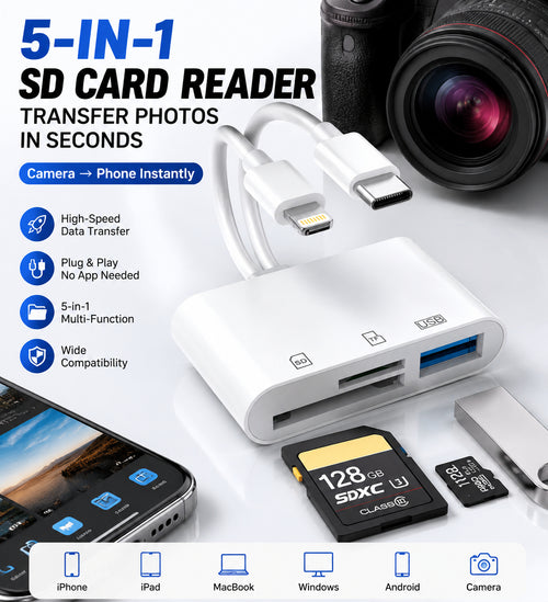 5 in 1 SD MicroSD Card Reader USB C Hub for iPhone iPad Android Lightning Fast Transfer