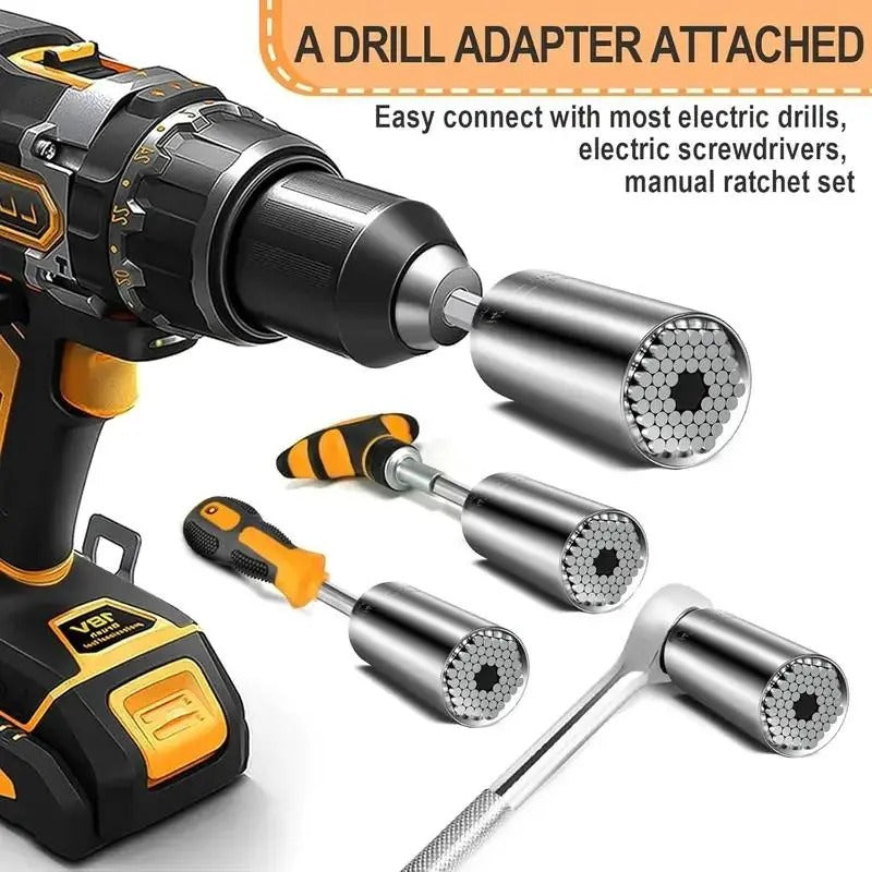 Steel Universal Grip Socket Set with Power Drill Adapter Hand Tool